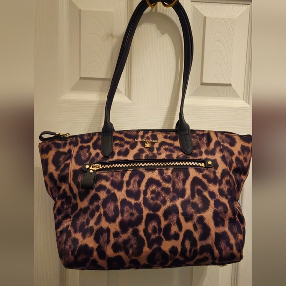 Michael Kors Kelsey Large Leopard Print Nylon Tote Bag - Brown and Black - Picture 1 of 13